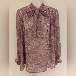Zara sheer paisley printed blouse with neck tie small pink
